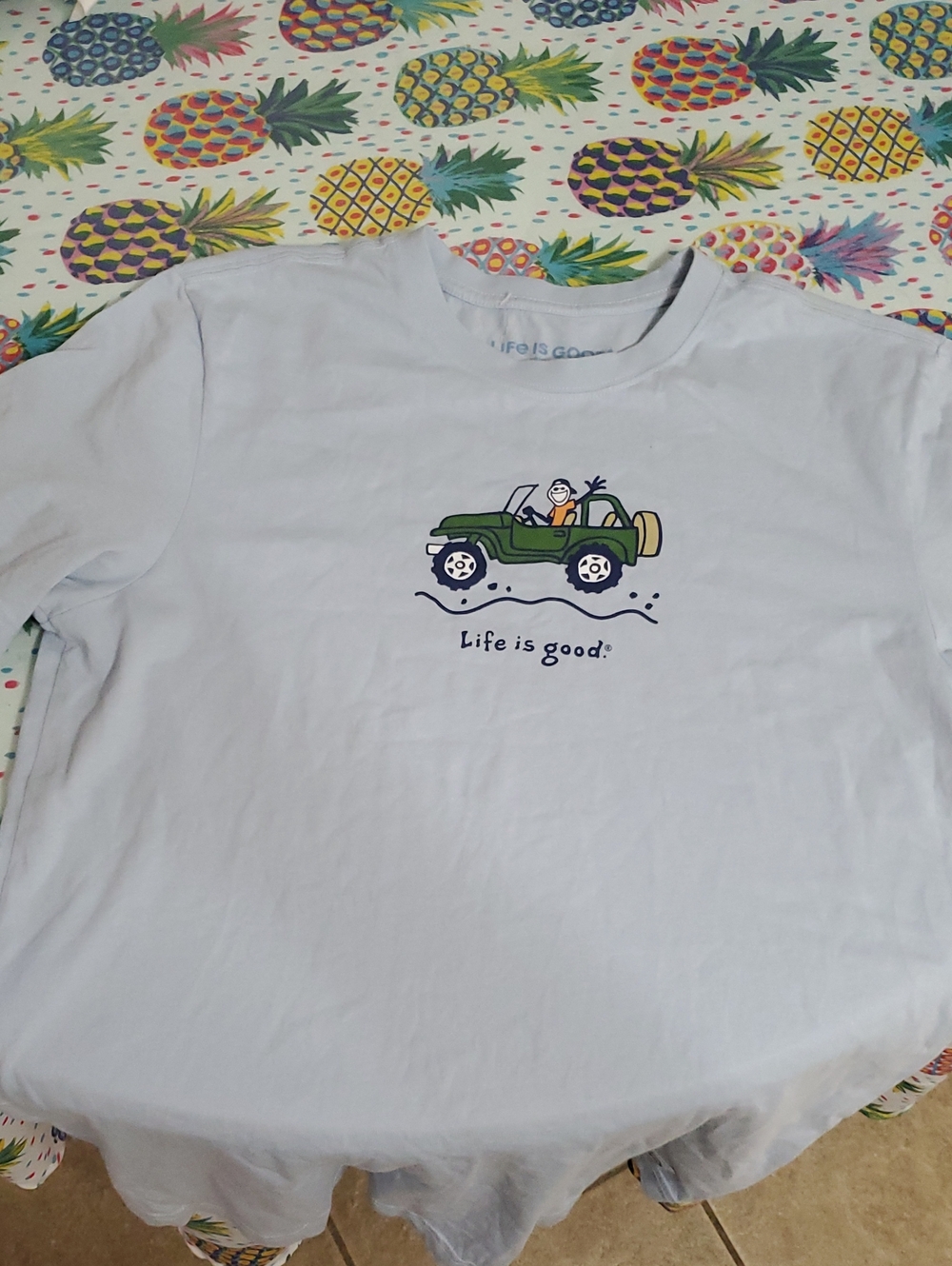 Life Is Good Light Blue Long Sleeve Tee with Green Jeep Graphic for Men